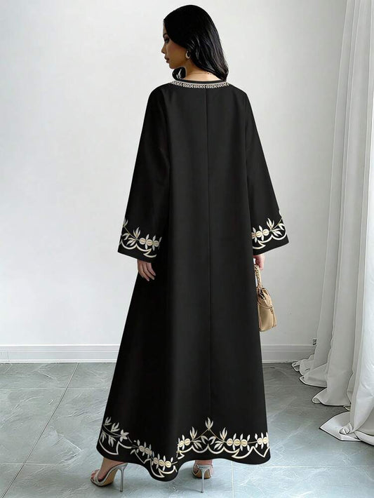 SHEIN Najma Women's Floral & Botanical Print V-Neck Long Sleeve Elegant Arabic Style Dress, Spring, Dress Modest Abaya Dress, Floral Abaya