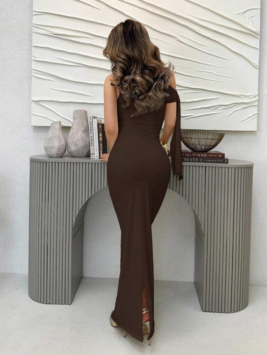 Jemour Women Solid Color Asymmetrical Shoulder Tie-Up Ruched Elegant Side Slit Evening Dress, Graduation Season