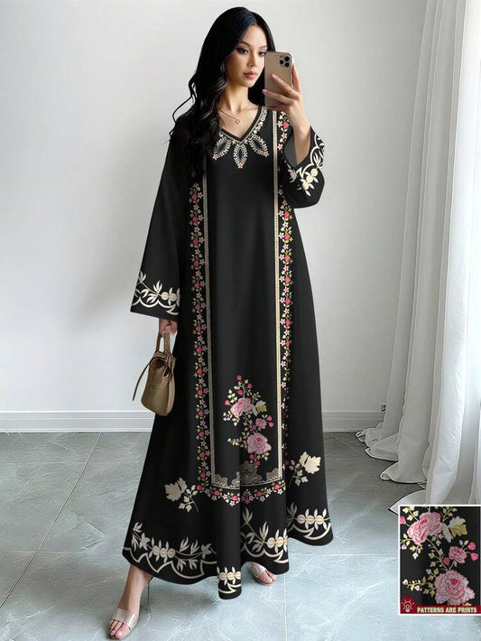 SHEIN Najma Women's Floral & Botanical Print V-Neck Long Sleeve Elegant Arabic Style Dress, Spring, Dress Modest Abaya Dress, Floral Abaya